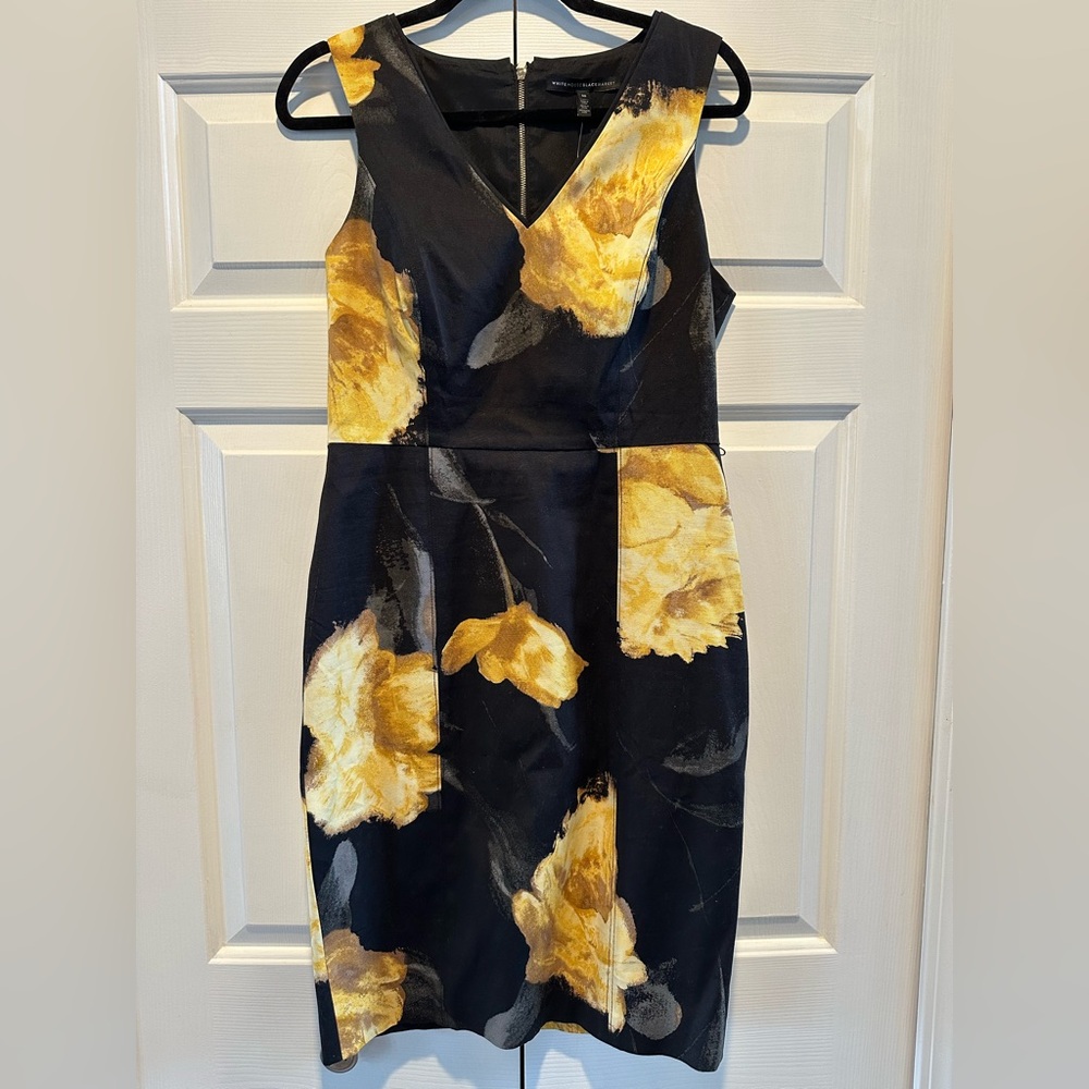 White House Black Market Black & Yellow Floral Sheath Dress 10 NWT